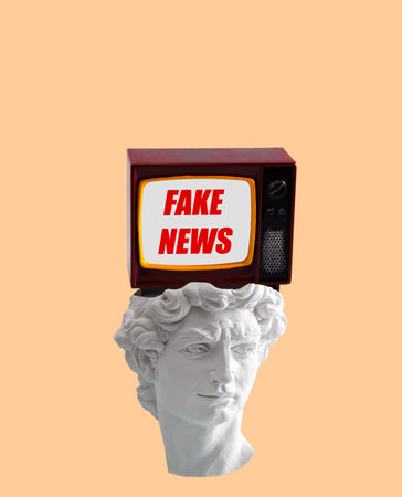 Creative art collage of David's head with retro tv screen flying out of his head on orange background. Mass media manipulation concept.の写真素材