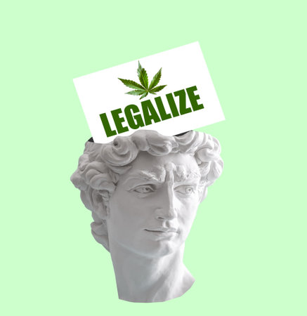Creative art collage of David's head with white paper note with inscription legalize and marijuana leaf flying out of his head on green background. Cannabis legalization concept.の写真素材