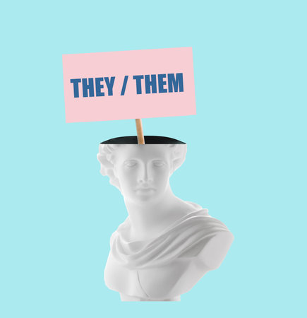 Graphic art poster with ancient statue with banner with text they them on blue background.の写真素材