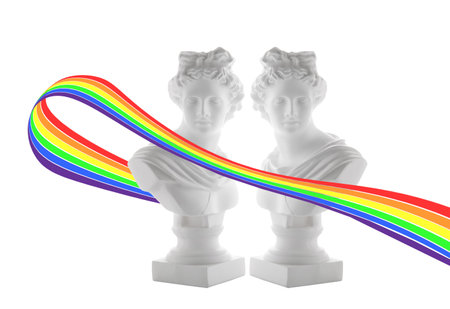 Art collage with two antique statues and an LGBT flag on a white background.の写真素材