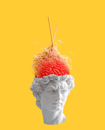 David's head with noodles and chopsticks flying out of it on yellow background.の写真素材