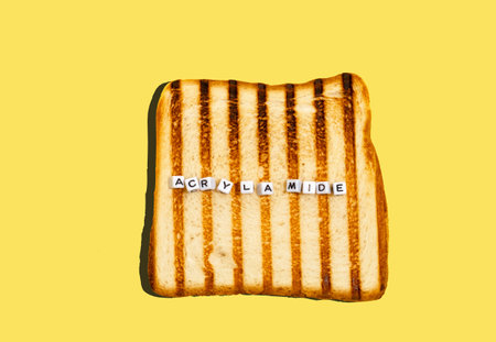 Top view piece of bread toasted in toaster with inscription acrylamide. Concept of formation of...