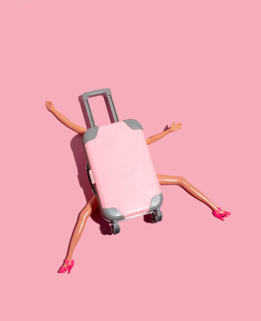 Doll pressed by large suitcase on bright pink background. Funny minimal card travel concept.の写真素材