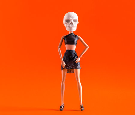 Plastic doll with skull for head dressed in black leather top and skirt on orange background.の写真素材