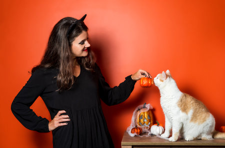 Beautiful young lady in Halloween costume playing with her cat.の写真素材