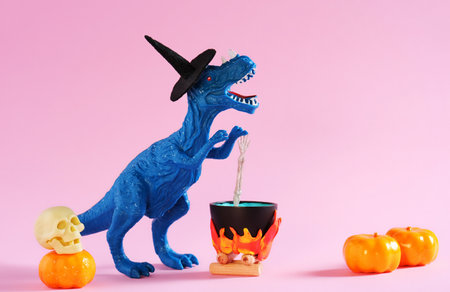 Blue dinosaur wearing witch hat is brewing potion in pot on pink background. Halloween greeting card.の写真素材