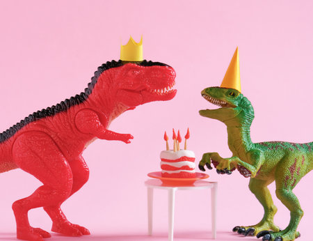 Cute happy green and red dinosaurs in birthday hats with cake with flaming candles on pastel pink background. copyspace. Minimal art birthday card idea.の写真素材