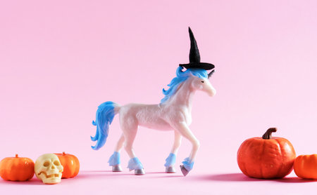 Cute unicorn toy wearing witch hat on pink background with pumpkins. Minimal art poster for Halloween.の写真素材