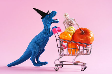 Cute blue dinosaur in witch hat with shopping trolley full of Halloween decorations on pink background.の写真素材