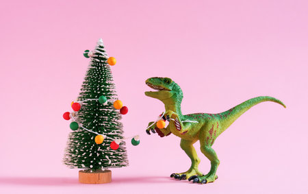 Happy cute green dinosaur decorate Christmas tree with retro bulb garland. Christmas and new year...