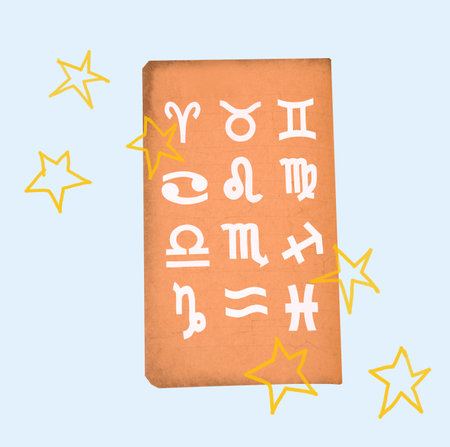 Horoscope signs on old weathered paper sheet on bluecbackground. Digital art collage.の写真素材