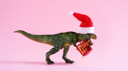 Happy green dinosaur in Santa Claus hat hold present box on pink background.の写真素材