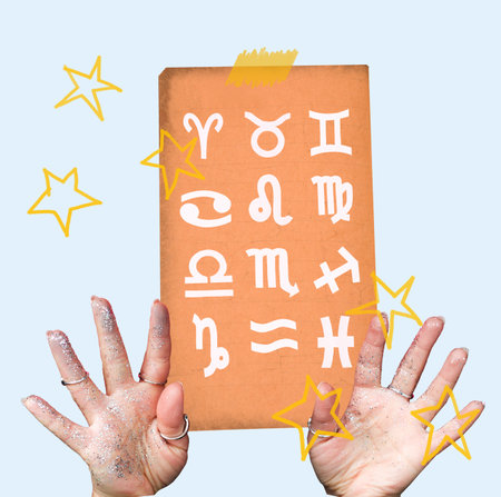 Weathered paper with zodiac signs and astrologer hands on blue background. Astrology collage.の写真素材