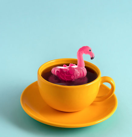 Pink inflatable flamingo swimming in yellow coffee cup on pink background. Minimal art creative poster.の写真素材