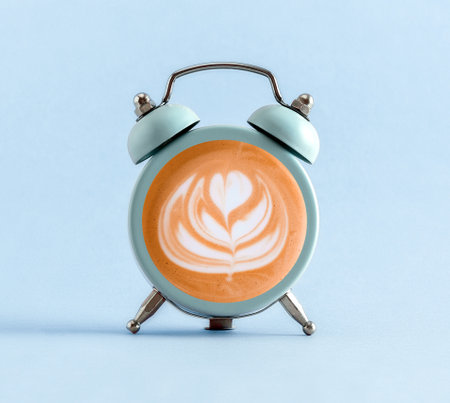 Blue alarm clock with coffee into it. Minimal art coffee collage.