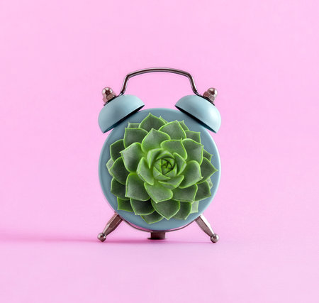 Green succulent in blue alarm clock on pink background. Home gardening creative concept.の写真素材