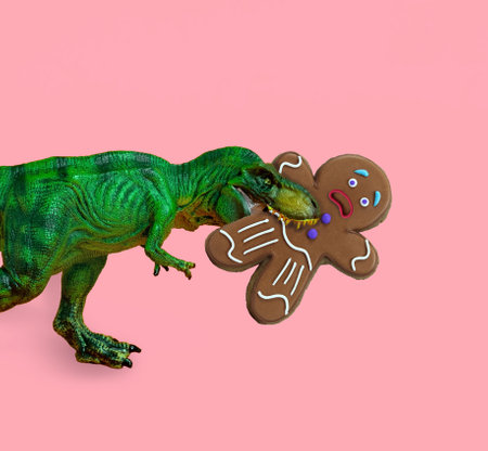 Big green dinosaur eats ginger man. Funny Christmas card.の写真素材