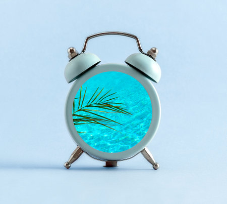Alarm clock with blue sea water waves and green palm leaf collage on a pastel blue background. Time to relax concept.の写真素材