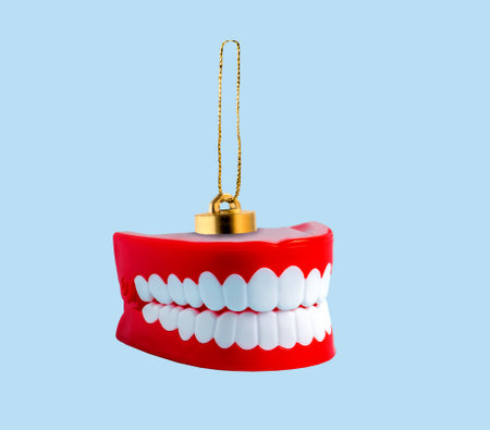 Human jaw Christmas tree toy on blue background. Creative collage.