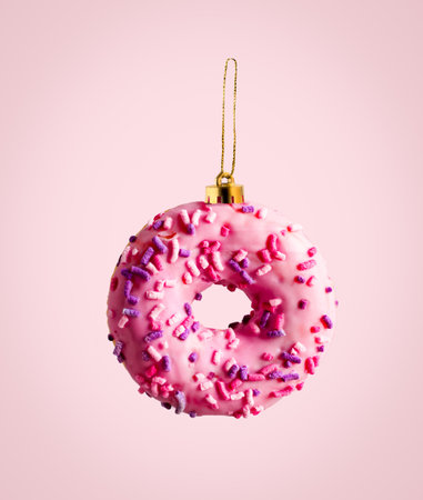 Pink donut Christmas tree toy on pink background. Creative collage.の写真素材