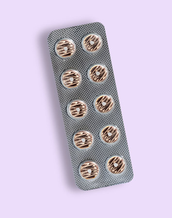 Pill blister with chocolate donuts instead of pills on pink background. Sugar addiction concept.の写真素材