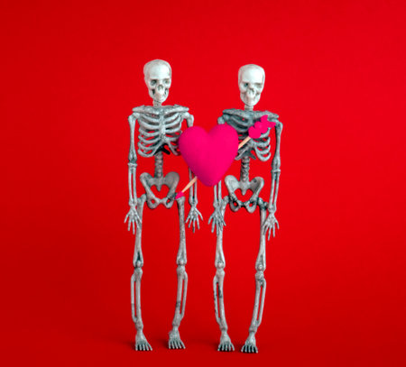 Pair of skeletons with pink heart with an arrow on red background. Minimal art poster for Valentine's Day.の写真素材
