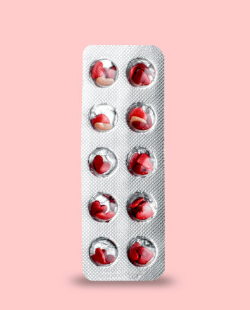 Package of pills with small hearts on pink background. Minimal art poster for Valentine's Day.の写真素材