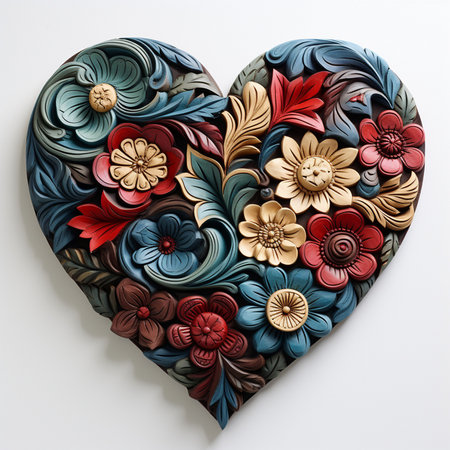A heart carved from wood with a floral ornament. AI generated.の素材