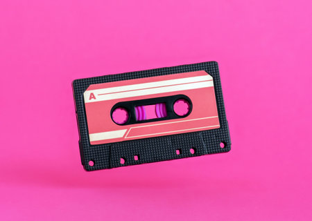 Retro vintage tape cassette on pink background. Minimal art poster.