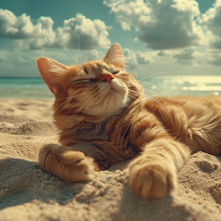 Cat Rests Peacefully on Sandy Beach, Eyes Closedの素材