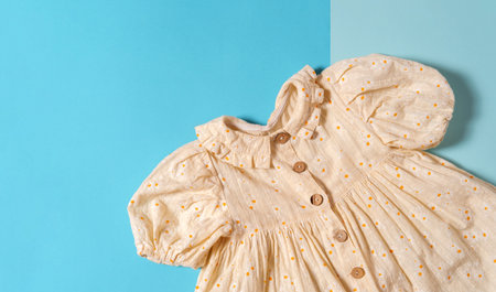 Top view flat lay natural textile child dress on blue background. Copy space.の写真素材