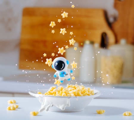 Cute little astronaut is levitating over plate of cornflakes with milk. Creative breakfast concept.の写真素材
