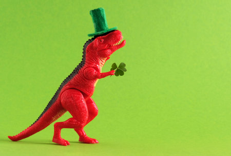 Red dinosaur in green hat holds leaf of clover.の写真素材