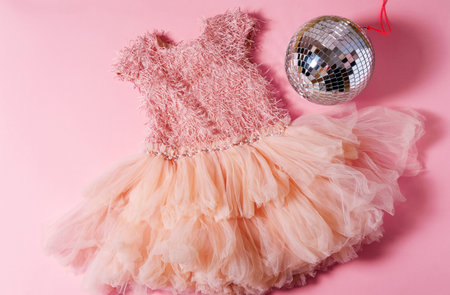 Top view flat lay pink puffy dress and disco ball on pink background.の写真素材