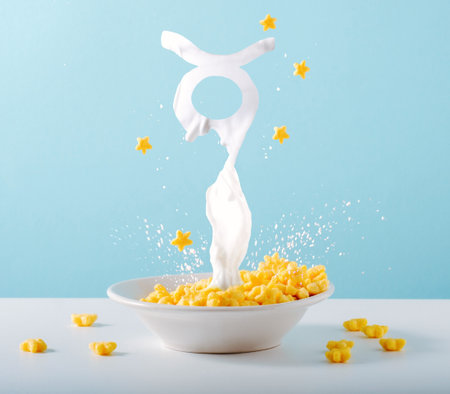 Zodiac sign aries of milk levitates over breakfast plate of cornflakes and milk on blue background. Creative astrological postcard.の写真素材