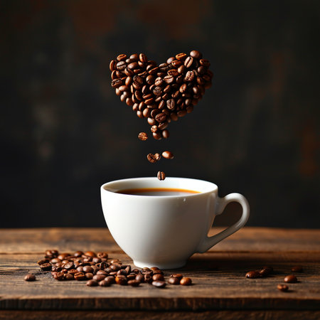 White cup with black coffee stands on a wooden countertop on a dark background, heart of coffee beans hangs over the cup.の素材