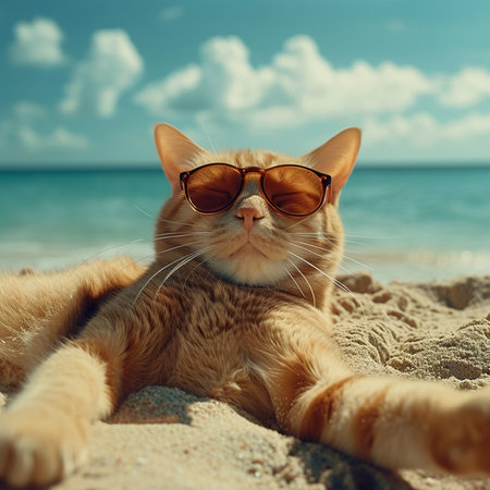 Red-haired cat lies on sandy beach in sunglasses and takes a selfieの素材