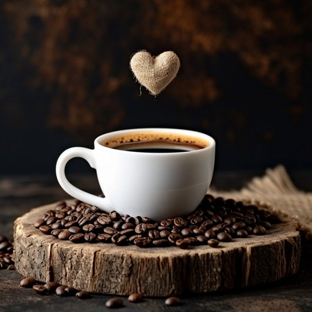 White cup with black coffee stands on a wooden countertop on a dark background, heart made from canvas hangs over the cup.の素材