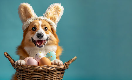 Cute corgi dog wearing bunny ears and holding wicker basket on blue backgroundの素材