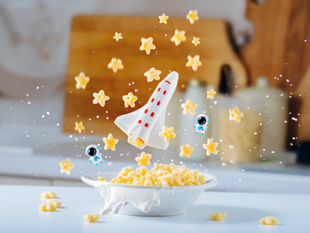 Small space rocket takes off from breakfast plate with cornflakes and milk.の写真素材