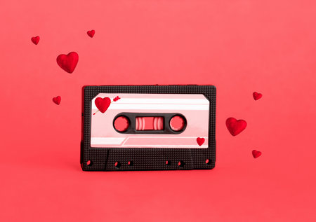 Cute red analog cassette on red background with reds hearts flying around.の写真素材