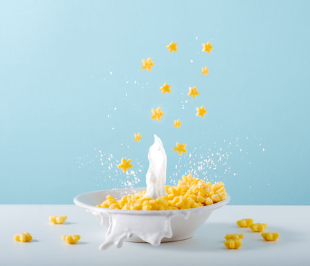 Corn flakes with milk splash in white bowl on blue background.の写真素材