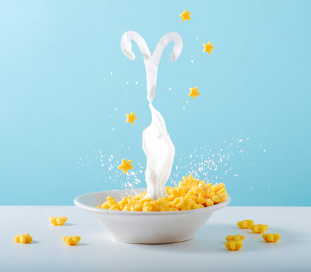 Zodiac sign Taurus of milk levitates over breakfast plate of cornflakes and milk on blue background. Creative astrological postcard.の写真素材