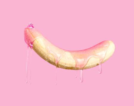 Peeled banana dripping pink gel on pink background.の写真素材