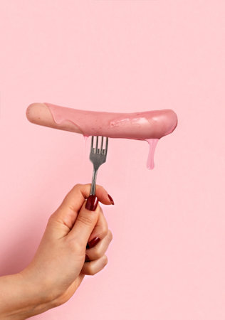 Hot sausages with pink sauce on fork pink background.の写真素材