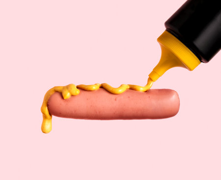 Pouring mustard on hot sausage on pink backgroundの写真素材
