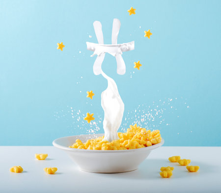 Zodiac sign Pisces made of milk levitates over breakfast plate of cornflakes and milk on blue background. Creative astrological postcard.の写真素材