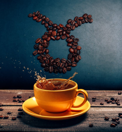 Aries zodiac sign above coffee mug on dark background. Astrology creative still life.の写真素材