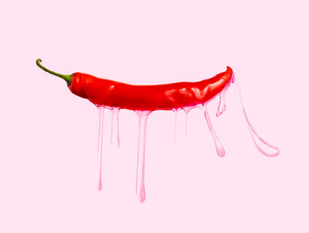 Red chili pepper with dripping pink gel on pink background.の写真素材