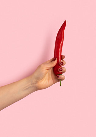 Female hand holds red chili pepper on pink background.の写真素材